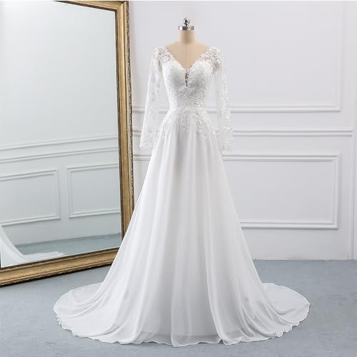 Wedding Dresses for Bride with Lace Appliques Chiffon A Line Women Dress Long Sleeves Beach Bride Dress2