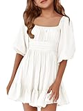 Girls Summer Dresses Square Neck Lantern Sleeve Tie Backless Ruffle A-Line Party Mini Dress White