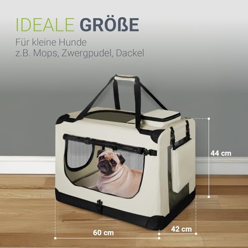 Juskys Hundetransportbox Lassie M faltbar & tragbar 42x60x44 cm mit Decke, Tasche & Griffen - Faltbare Transportbox für Hunde, Katzen & Haustiere - Oxford Stoff Hundebox Auto Hundetasche - Beige