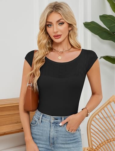 Image of ZAFUL Womens Summer Tops 2025 Off The Shoulder Cap Sleeve Ribbed Knit Trendy Slim Fit Going Out Shirts Lightweight Sweaters