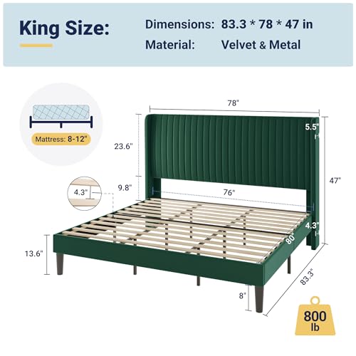Image of Allewie King Size Bed Frame /Velvet Upholstered Platform Bed /Vertical Channel Tufted Wingback Headboard /Strong Wooden Slats /No Box Spring Needed /Easy Assembly /Green
