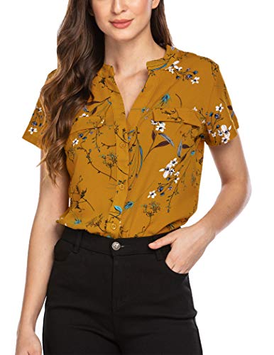SoTeer Women Button Down Chiffon Tunic Tops Floral Printed Henley V Neck Tunic Tops Short Sleeve Tunic Tops