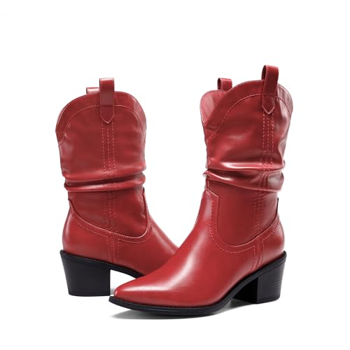Image of DREAM PAIRS Women's Cowgirl Boots, Mid Calf Western Cowboy Chunky Heel Boots, Slouchy & Pull-on Ankle Booties for women
