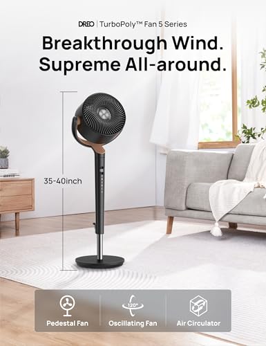 Image of DREO Fan for Bedroom, 120+120Omni-directional Oscillating Fan, 90ft, DC Motor, 20 dB Quiet Standing Pedestal Fans, 8 Speeds, 3 Modes Circulator with Remote, 35-40 inchAdjustable Height, 8H Timer, Black