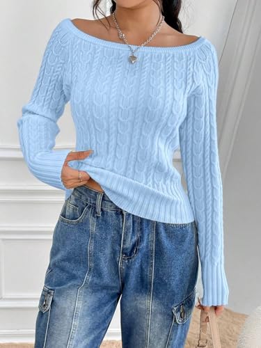 ZAFUL Women’s Boat Neck Cable Knit Sweater, Long Sleeve Off Shoulder Ribbed Slim Fit Pullover Tops Cute Fall Outfits 20253