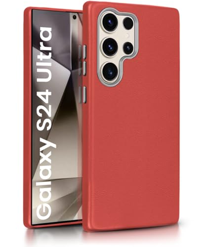 Image of WOW IMAGINE Back Cover for Samsung Galaxy S24 Ultra 5G | Shockproof Tough Leather Texture Hard Mobile Case | Ultra Slim Non-Slip Grip | Inner Velvet Fabric | Metal Camera Ring - Crimson Red