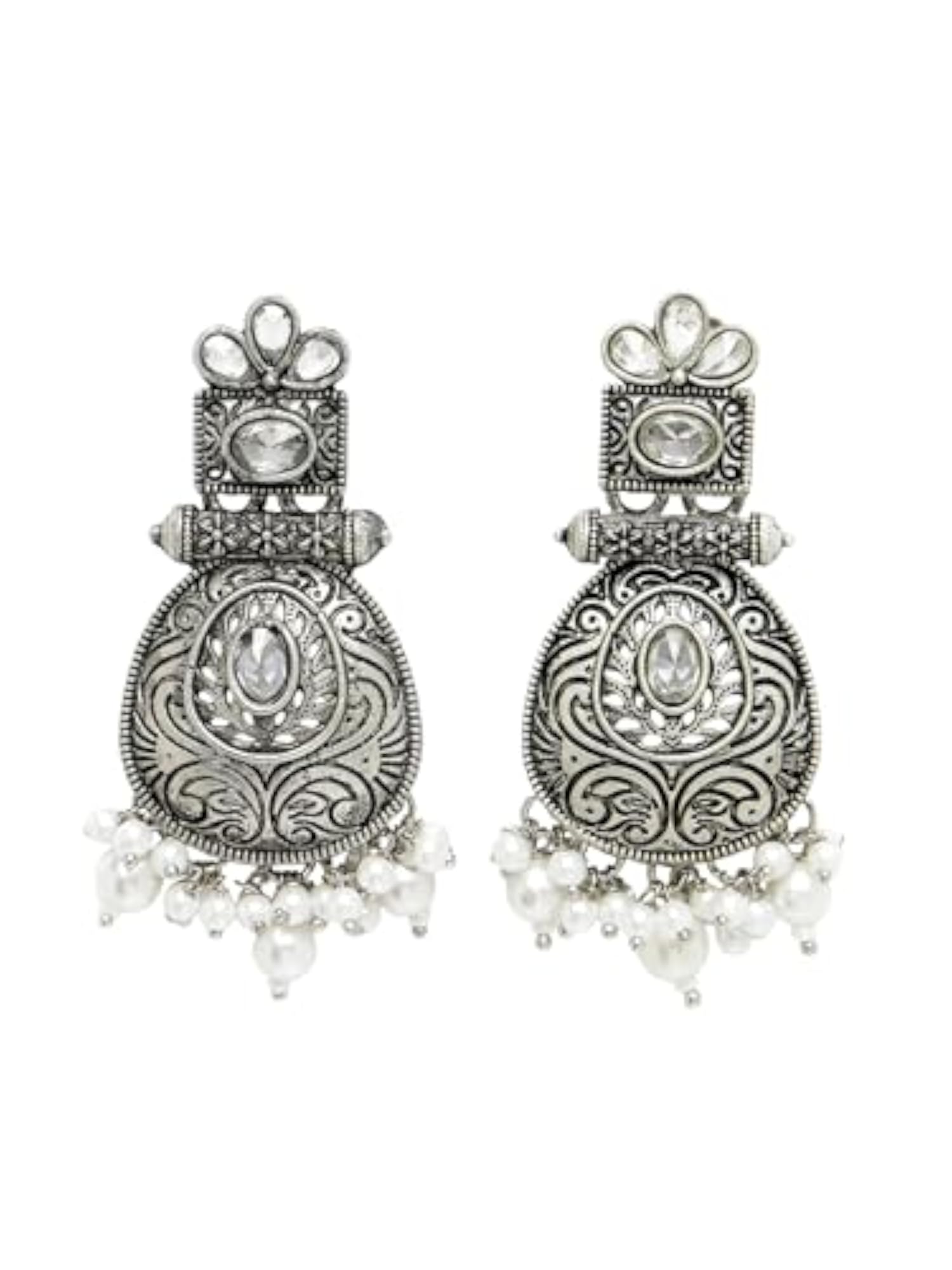 Silver-Plated Kundan Stone & Pearl Oxidised Drop Earrings