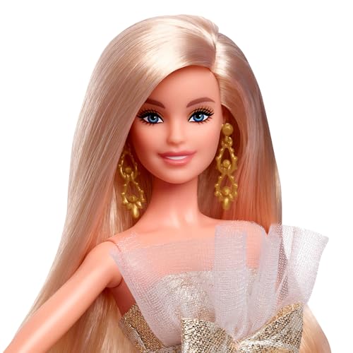 Muñeca Barbie Holiday 2025 con vestido plateado y dorado miniatura 3