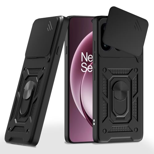 Image of Pikkme Back Cover for OnePlus 15 5G | 360 Protection Case | Sliding Camera Shield Cover & Ring Holder Stand D10 Tough Armor Bumper Case (Black)