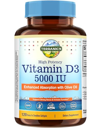 Terranics Vitamin D3 5000IU (125mcg), with Olive Oil, Enhanced Absorption, Non-GMO, No Gluten or Soy, Bone Health, Immune Support, 120 Mini Softgels