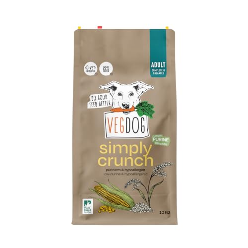VEGDOG Simply Crunch - Cibo secco ipoallergenico (10 kg), per cani adulti, senza glutine e soia, ben tollerato, a basso contenuto di purina; alimento completo per chi soffre di allergie con proteine