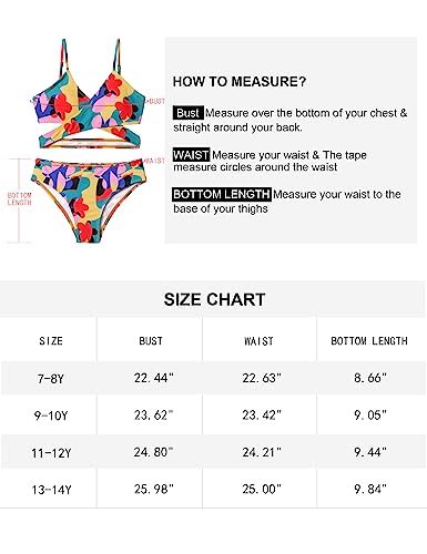 Aulyffo Girls Bathing Suit Size 11 12,Two Piece Bikini Criss Cross Swimsuit V-Neck Adjustable Shoulder Straps Floral Girls' Swimwear Flower #TOP6