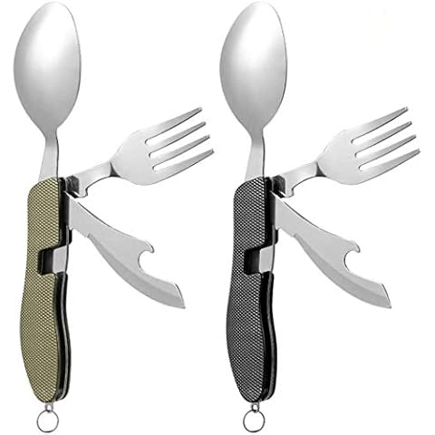 2Pcs Detachable Camping Utensils Cutlery Set, Caudblor Portable 4 in 1 Stainless Steel Travel Utensil, Foldable Knife Fork Spoon Bottle Opener, Multi Function Eating Flatware Tableware(Green Black) Cover