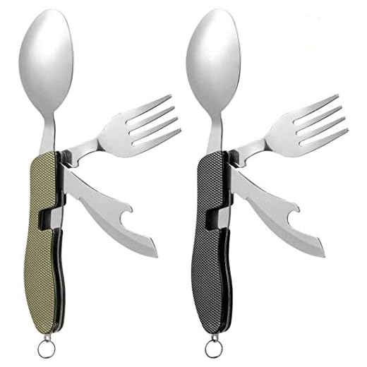 2Pcs Detachable Camping Utensils Cutlery Set, Caudblor Portable 4 in 1 Stainless Steel Travel Utensil, Foldable Knife Fork Spoon Bottle Opener, Multi Function Eating Flatware Tableware(Green Black)