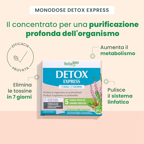 HERBALGEM - Detox Express 7 Giorni - Purifica l'organismo in profondità - Complemento Alimentare di Gemmoterapia - Formulazione ad alta concentrazione - Azione Globale - 5 Germogli Freschi - 7x10 ml - 2
