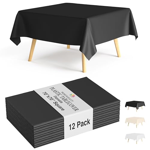 Party Solids 12-Pack Black Square Plastic Disposable Tablecloth – Size: 70 × 70 Inches – Square Table Cover for Parties, Picnics & Formal Events by Party Solids - Used condition - US$23.98