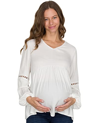Crochet Trim Long Sleeve Maternity Top With Lightweight Textured Fabric - Long Sleeve Maternity Blouse For Work Or Casual Shell White #TOP9