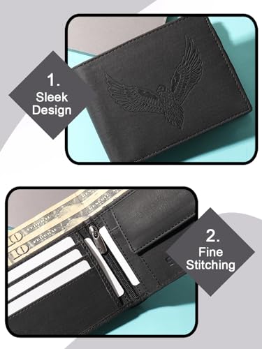Image of SAMTROH Vegan Leather Wallet for Men | Vintage Printed | Premium Vegan Leather Craftsmanship | 3 Card Slots I 2 Cash Compartments & Secret Slots | 1 Coin Pocket. (Eagle, Black)