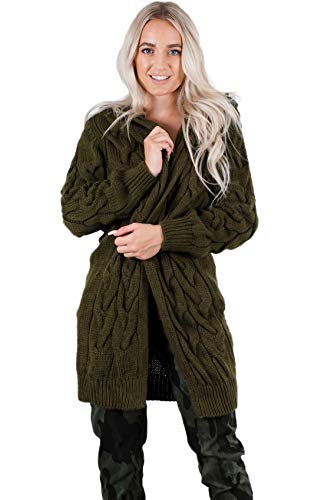 Crazy Girls Womens Chunky Knit Long Cardigan, Khaki, SM (UK 8-10)