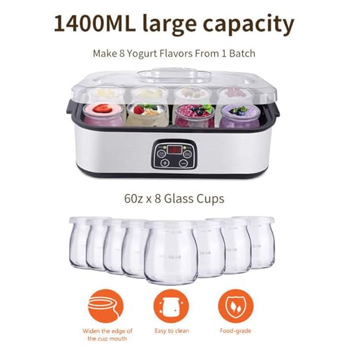 Automatic Yogurt Maker with 8 Glass Jars, Adjustable Temperature & Time Control, LED Display for Homemade Yogurt And Cheese, Perfect Kitchen Appliance for Healthy Living