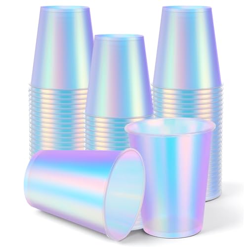 Oqqlin 50 Pcs Frosted Plastic Cups 12 OZ Thickened Disposable Iridescent Cup Holographic Rainbow Beverage Cups for Wedding Mermaid Party Camping Birthday