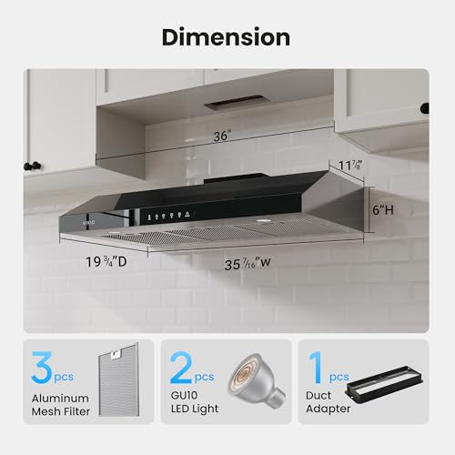 Image of VIKIO HOME Under Cabinet Range Hood 36 Inch, 900 CFM Dual Centrifugal Motor, 3-Speed Ducted Kitchen Vent, Reusable Filters, Stainless Steel Kitchen Hood with LED Lights, Low Noise, Glass Black
