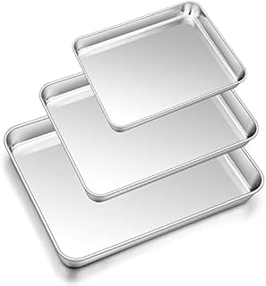 Baking Tray Set of 3, Herogo Stainless Steel Oven Tray Set, Professional Baking Roasting Cooking Serving Sheet Pan for Home Restaurant Hotel, Non-Toxic & Mirror Finish, Dishwasher Safe, Metal Silver
