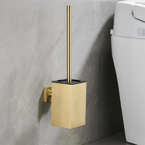 Image of Wall Mount Toilet Brush and Holder Set Stainless Steel Square Toilet Bowl Cleaners Modern Toilet Brush Bathroom Accessories (Brushed Gold)