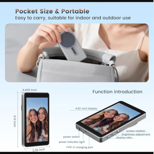 Image of Magnetic Selfie Screen with 3.97-Inch Display, 1250mAh Rechargeable Battery, Wireless Connection, USB-C, Magnetic Phone Back Camera Screen for iPhone & Android Smartphones