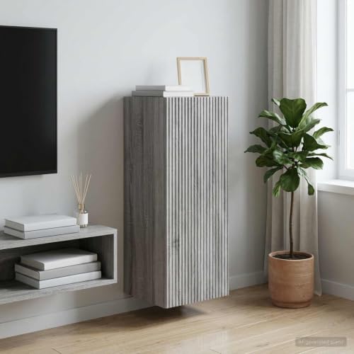 Image of LoogCape Storage Cabinet Grey Sonoma Wood Material 33 x 34.5 x 90 cm, 1 Door with Lock, 2 Shelves, Drawer, USB LED, for Office, Bedroom, Hallway, Organiser