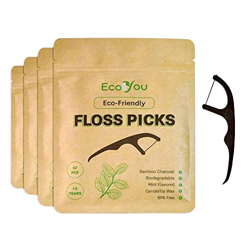 EcoYou Picas de hilo dental de carbón de bambú natural, 200 unidades (paquete de 4) | Cera de candelilla y sabor a menta, ecológicas, biodegradables, sin plástico, veganas, sin BPA Cover