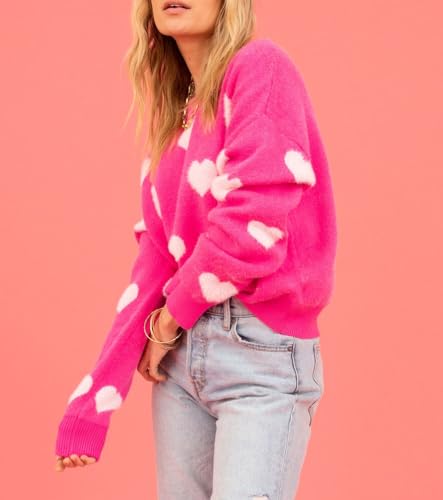 Image of Women's Cute Heart Sweater Love Print Valentine Romantic Knitted Top Casual Crewneck Long Sleeve Sweaters Pullover