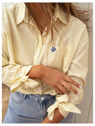 GORGLITTER Women's Striped Button Down Shirts Tie Cuff Long Sleeve Dressy 2025 Business Work Blouse3