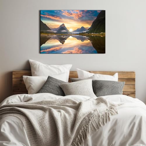 Image of Mountain Lake Wall Art for Bedroom Orange Sunrise Paintings Wall Decor Nature Yosemite Poster Canvas Prints New Zealand Scenery Photography Pictures Modern Artwork Office Bathroom Decorations 24x36 inch