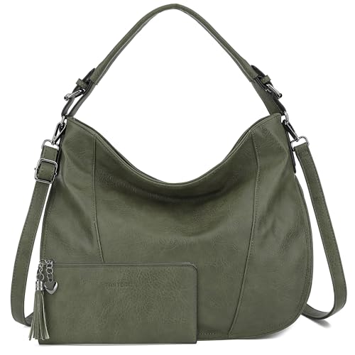 TANTOMI Handtasche Damen, Umhängetasche Henkeltasche Tasche Shopper, Crossbody Tote Bag Schultertasche Mit Reißverschluss Geldbörse – 2 Set, Dunkelgruen