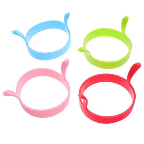 HOMSFOU Anillos de Silicona para Huevos Fritos Reutilizables, 4 Piezas Colores Variados (verde, Rojo, Azul, Rosa), Molde Redondo con Doble Asa para Cocina y Desayuno, Antiadherente