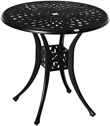 Outsunny 30" Round Patio Dining Table with Umbrella Hole, Antique Cast Aluminum Outdoor Bistro Table Only, Black