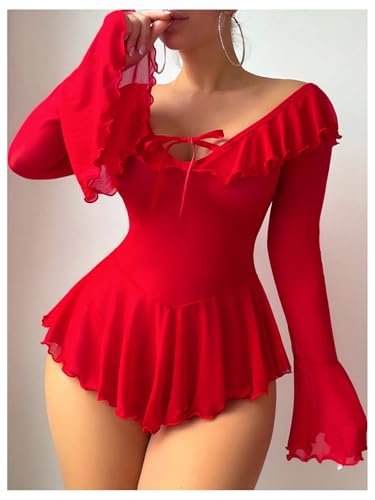 Image of OYOANGLE Women's 2 Piece Off Shoulder Long Sleeve Ruffle Mesh Sheer Nightgowns with Thongs Babydoll Lingerie Set