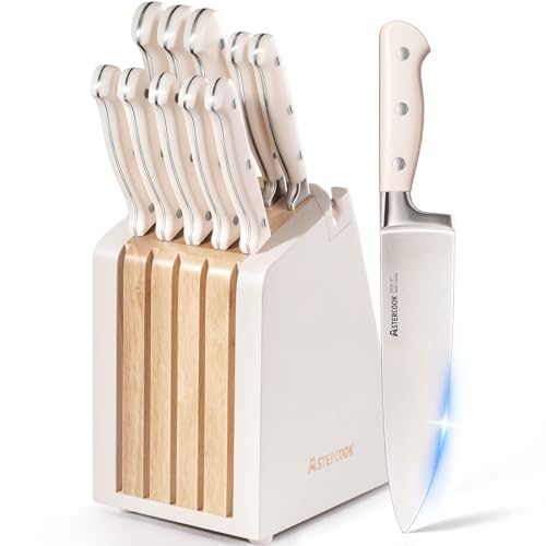 Image of Astercook Knife Set, Kitchen Knife Set with Block and Sharpener, 12 Pcs Ultra-Sharp High Carbon Stainless Steel Knife Block Set with Non-Slip Full Tang Ergonomic Handle, Cream White Cutlery Set