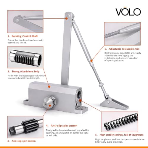 Image of VOLO Door Closer | Heavy Duty Automatic Door Closer | Adjustable Door Speed for Home Office Hotel & Commercial Doors | 1 Year Warranty | (Silver | 65 Kg Capacity | Hydraulic)