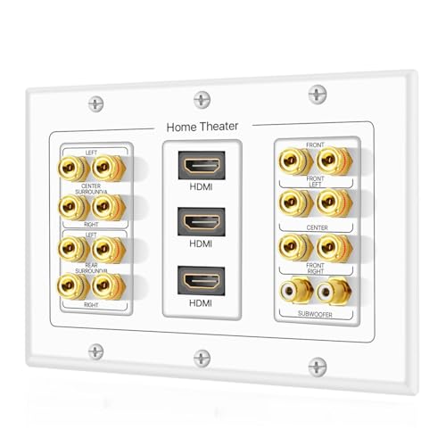 TNP Home Theater Wall Plate - 3-Gang 7.2 Surround Sound Distribution w/Premium Gold Plated Copper Banana Binding Post Coupler for 7 Speakers, 2 RCA Jack for Subwoofer, 3 HDMI Port for UHD 4K HD 1080P