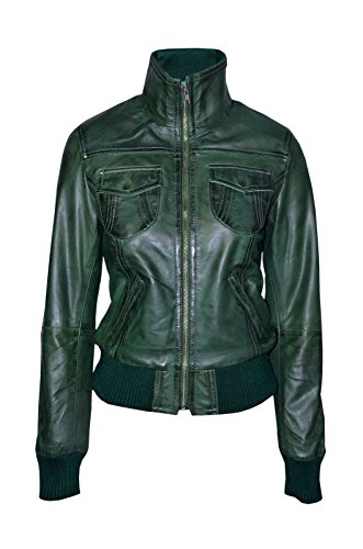 Veste en cuir moto pour femmes au style bomber et coloris vert délavé Fusion