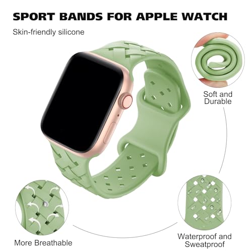 Image of Silicone Braided Weave Bands Compatible with Apple Watch 38mm 40mm 41mm 42mm 44mm 46mm 45mm 49mm, Replacement Sport Breathable Strap for iWatch Series 10 /9 /8 /7 /6 /5 /4 /3 /2 /1 Ultra SE Women Men, Matcha