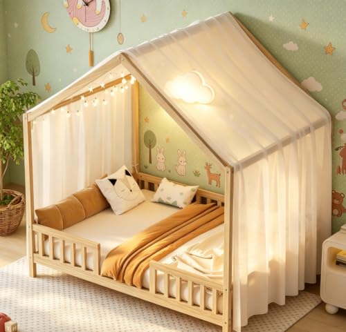 Image of Bellemave Full House BedFrame with Canopy and Rails, Montessori Bed, House Bed with Rails for Kids, Natural