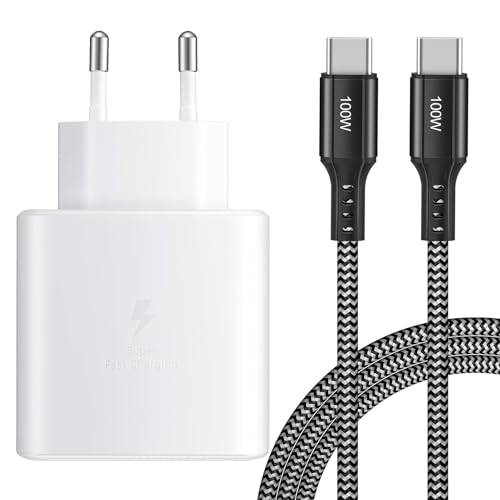 Cargador Rápido USB C de 45 W Cargador Súper Rápido con Cable de Nailon USB C 2 m 100 W para Samsung Galaxy S25/S24/S23/S22/S21 Ultra/S20 FE/Z Fold 6/Note 20/ Note 10+/A55/Tab S10+ S9 S8 S7 Ultra