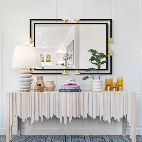 Image of 48 inchx32 inch Large Black and Gold Vanity Bathroom Mirror, Modern Metal Frame Wall Decor, Horizontal and Vertical Mount for Living Room Entryway