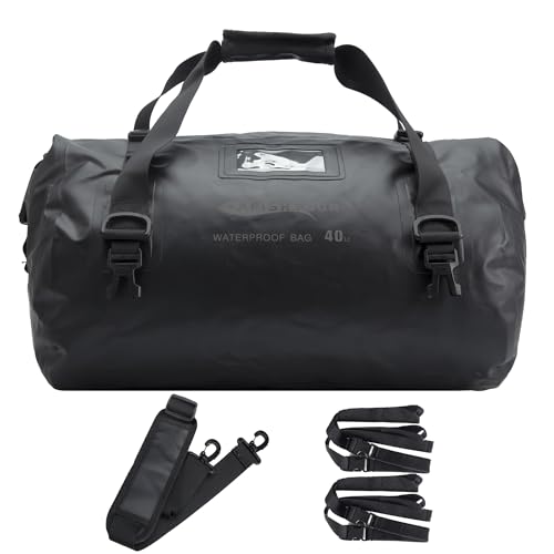 AFISHTOUR 40L Waterproof Motorcycle Duffel Bag - Motorcycle Luggage Tail Bag with Straps for Back Seat - Roll Top Dry Bag for Kayaking, Rafting, Boating, Camping, Travel, Beach (Black)