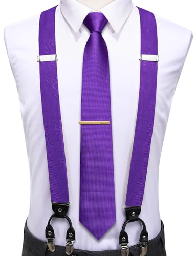Image of Hi-Tie Men's Suspenders and Tie Set Silk Adjustable Elastic Y Braces with Strong 6 Clips Pocket Square Set