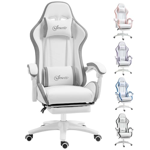 Vinsetto Computer Gaming Chair, PU Leather Office Desk Chair with Footrest, Swivel Wheels, 135° Reclining Back, Lumbar Support, Headrest for Home, White and Grey