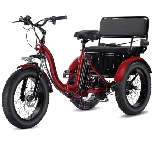 KAKIGO Two Seater Electric Tricycle for Adults, Folding 3 Wheel Electric Bike with Passenger Seat, 48V 15Ah Battery, Peak 750W Motorized Trike with Rear Basket